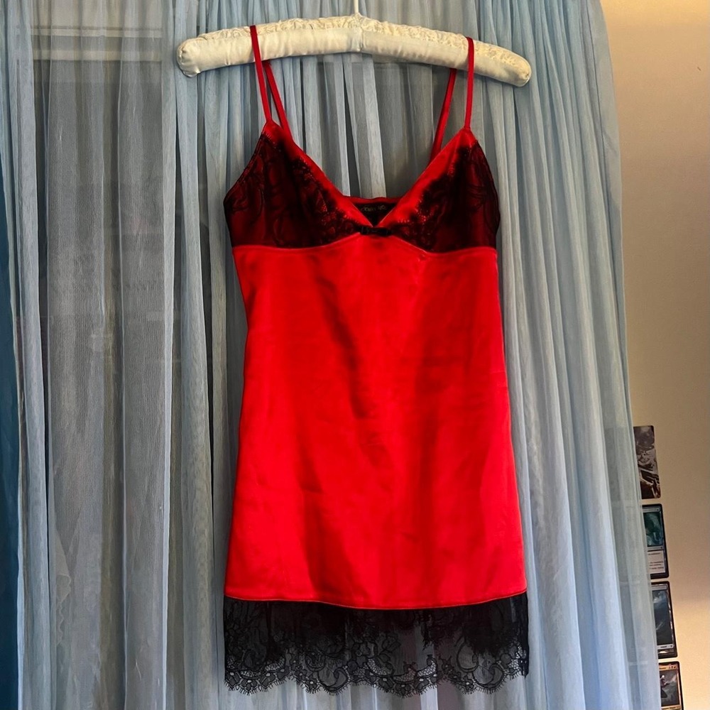 90s Victoria's Secret Vintage Red Satin Eyelash Lace Slip Dress / Top